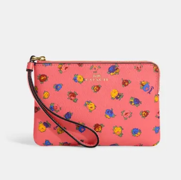 😺COACH Wristlet Corner Zip with Mini Vintage Rose Print in Gold/Pink Lemonade - Picture 10 of 15